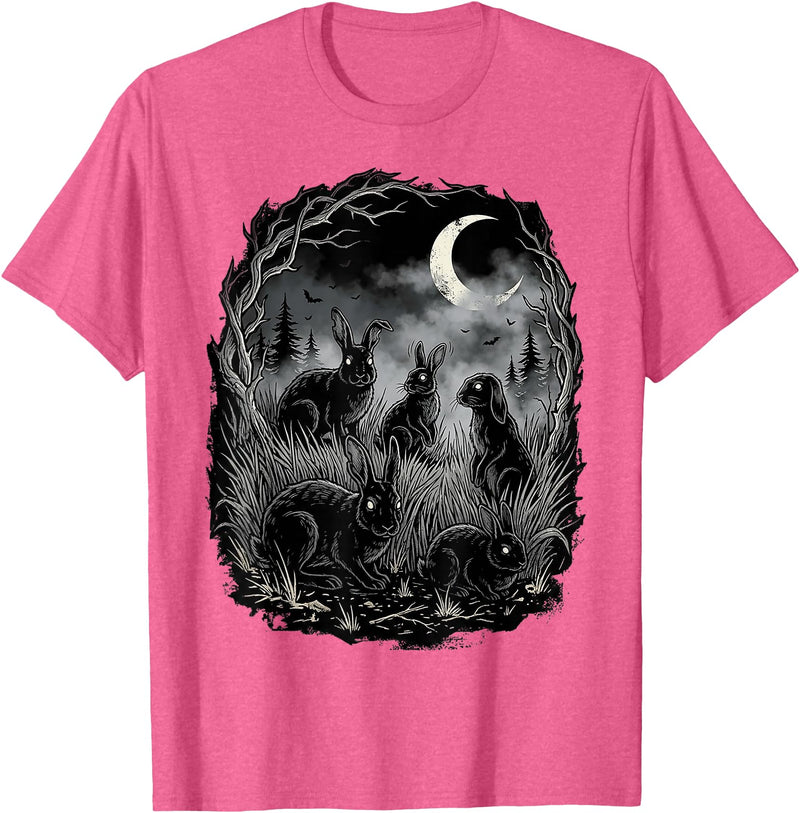 Midnight Woodland Rabbit Art Apparel Graphic Tees Creepy Black Rabbits Moonlit Forest Gothic Horror Halloween T-Shirt - Pink