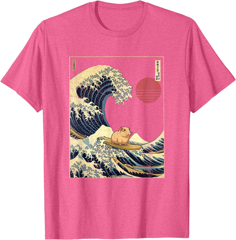 AxisNagawa Guinea Pig Kanagawa Wave Funny Surf Animal T-Shirt - Pink Heather
