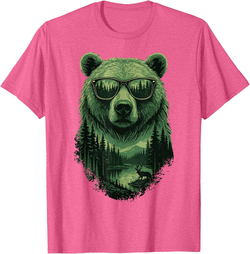 Bear Wildlife Deer Campfire Nature Apparel Bear Sunglasses Wildlife Deer Campfire Nature Vintage Forest T-Shirt - Pink Heather