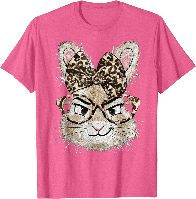 Bunny Glasses Bandana Leopard Funny Rabbit Happy Easter T-Shirt in Pink Heather