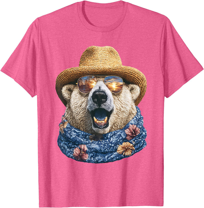 Whimsical Coastal Animals Beachgoers Cute Polar Bear with Sunglasses and Straw Hat Animal Summer T-Shirt - Pink Heather