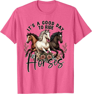 It's A Good Day to Ride Horses Floral Girls Womans T-Shirt - Pink Heather