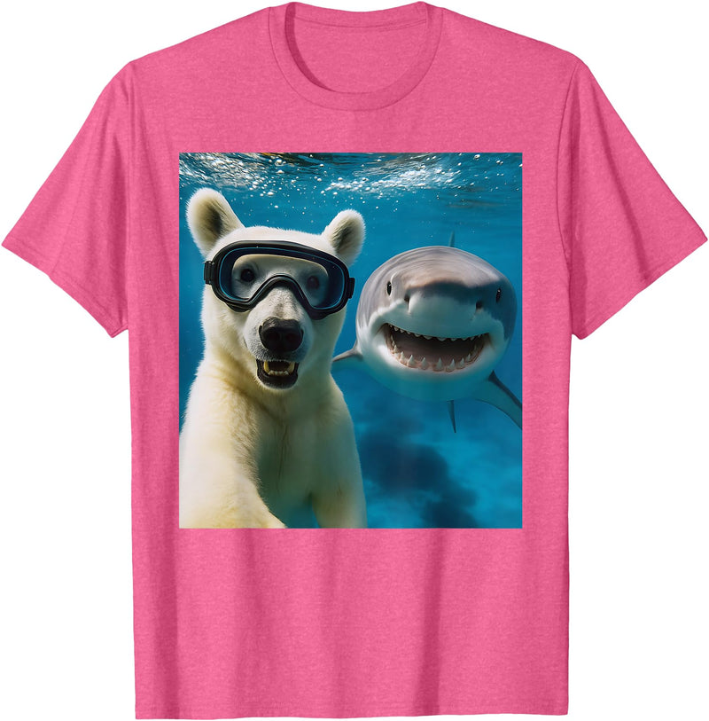 Selfie Polar Bear and Shark Summer Scuba Diving Funny Polar Bear Selfie with Shark Ocean Lovers T-Shirt - Pink Heather