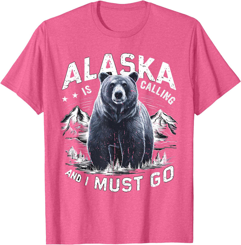Alaska is Calling and I Must Go, Alaskan Bear and Nature T-Shirt - Pink Heather