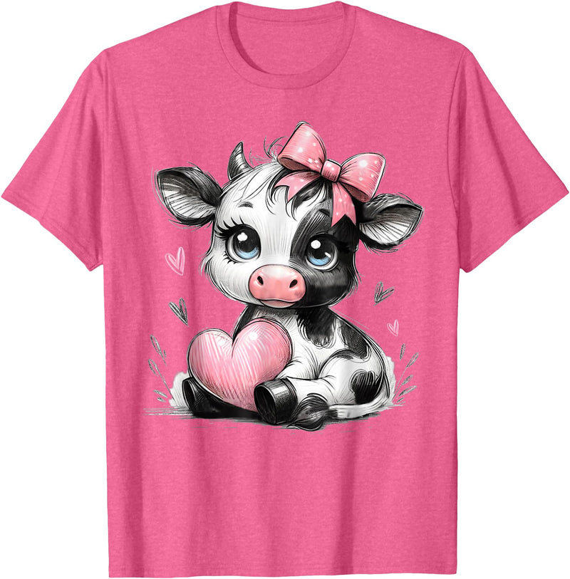 Cow Farmer Coquette Bow Tees Cute Baby Cow with Pink Coquette Bow Holding Heart T-Shirt - Pink Heather