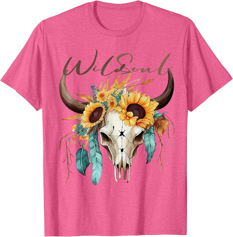 Wild Soul Boho Cow Skull Sunflowers Mothers Day Wild Soul Boho Cow Skull Sunflower Vintage Western T-Shirt - Pink Heather