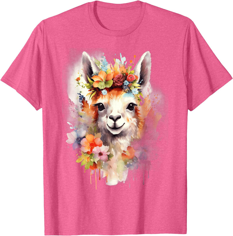 Llama Bloom Studio Cute Llama Floral Crown Watercolor Animal Art T-Shirt - Pink Heather