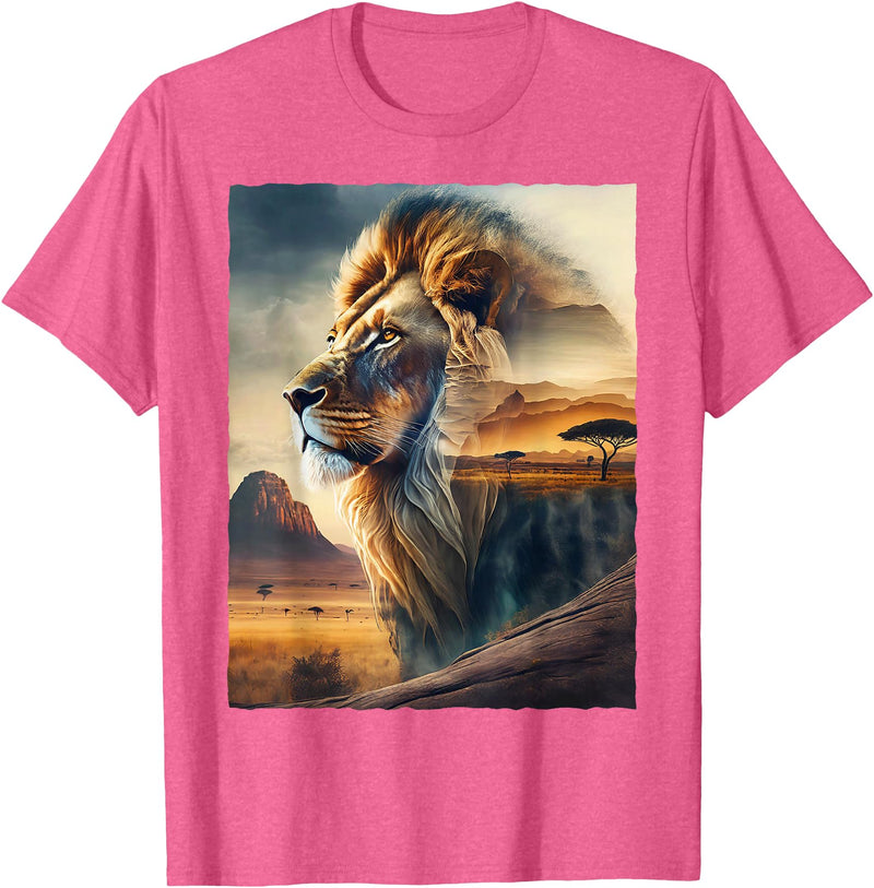 African Safari Lion Savanna Wildlife African Safari Lion Double Exposure Savanna Wildlife T-Shirt - Pink Heather