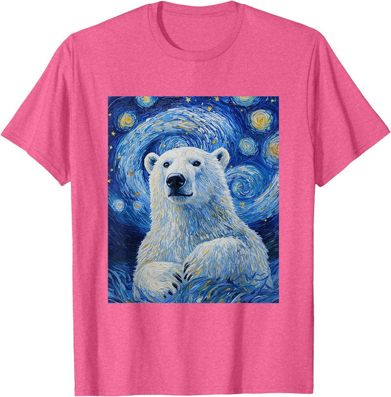 Bear Designs. Cute Polar Bear Van Gogh Style Starry Night Graphic T-Shirt - Pink Heather