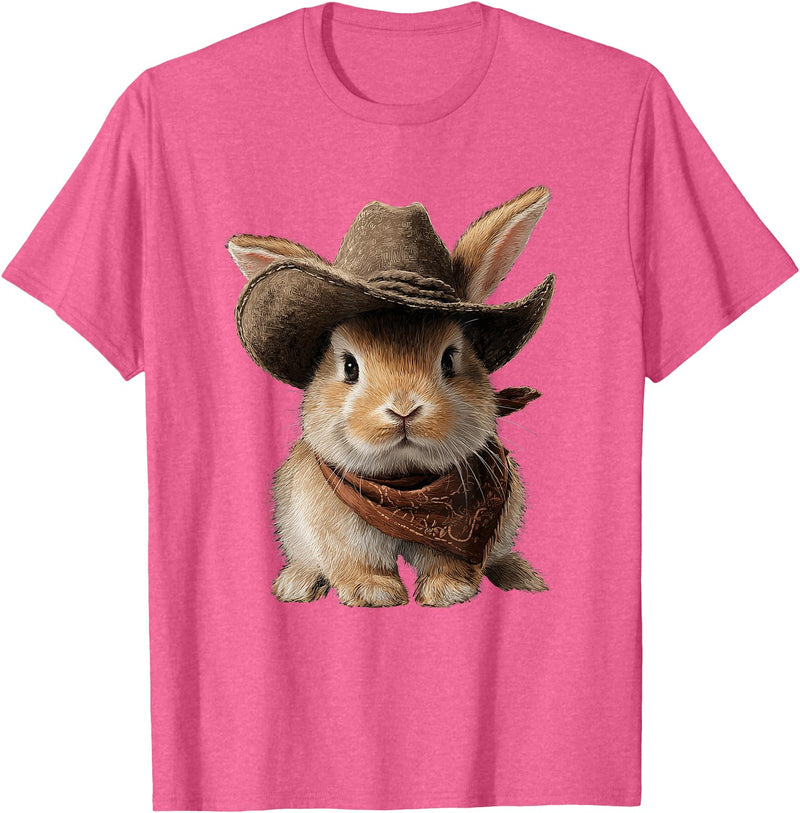 Cute Bunny Rabbit Cowboy Hat Easter Day T-Shirt in Pink Heather