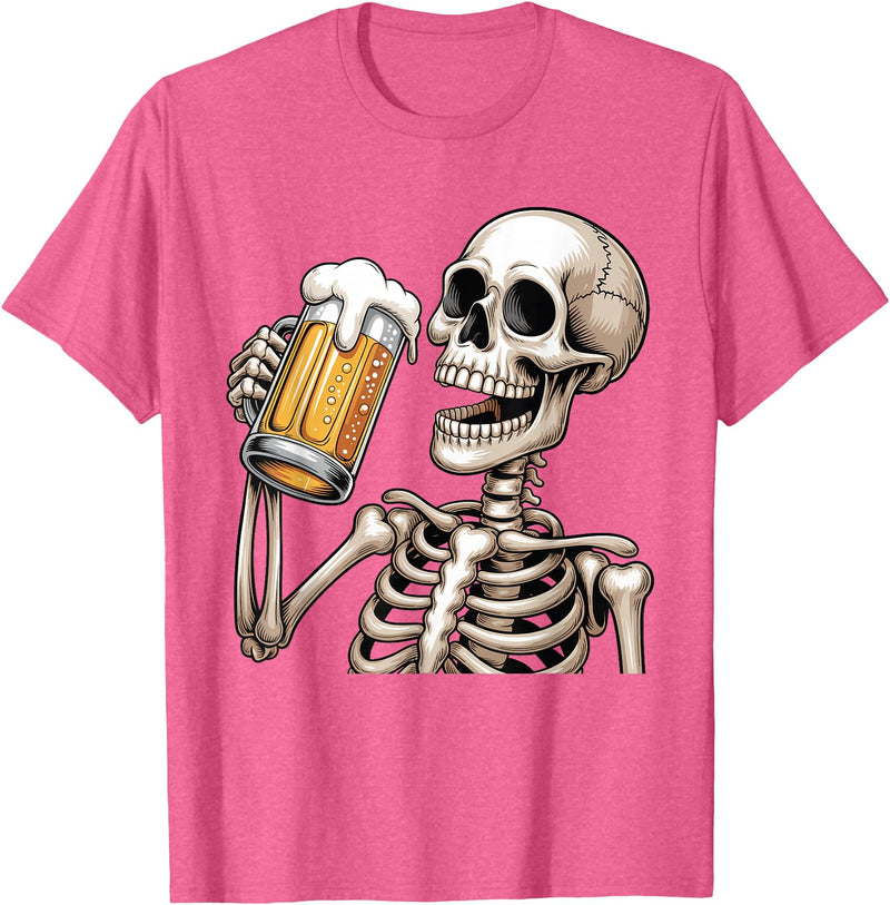 Halloween Skull Skeleton Drinking Beer Funny Kids Skeleton Drinking Beer Halloween Spooky Season Mens Womens T-Shirt - Pink