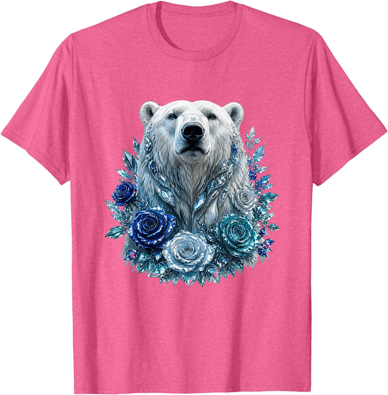 Arctic Polar Bear Crystal Rose Winter Spirit Majestic Polar Bear with Blue Ice Crystal Roses T-Shirt - Pink Heather