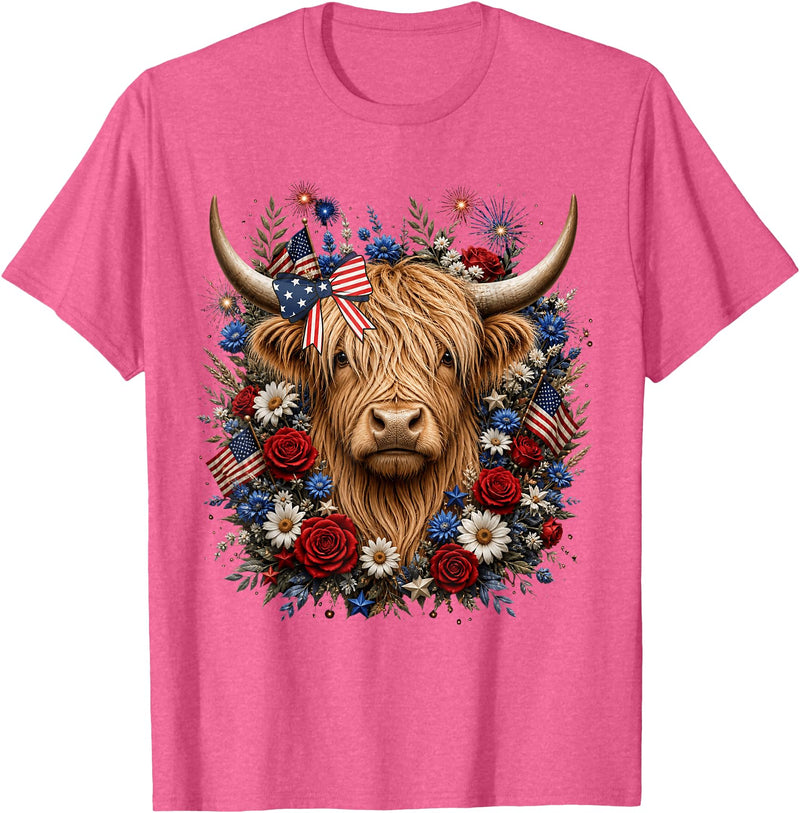 Funny July 4th Highland Cow Farm Lovers Highland Cow Florals 4th of July USA Flag Patriotic Women T-Shirt - Pink Heather