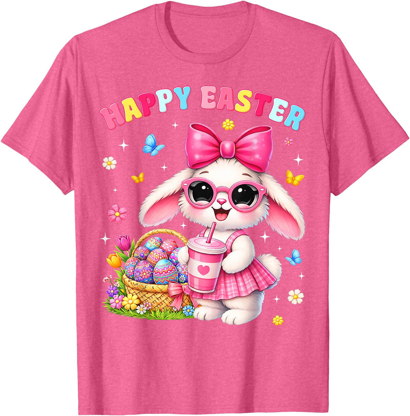 Happy Easter Coquette Easter Egg Rabbit Bunny Women Girl Kid T-Shirt in Pink Heather