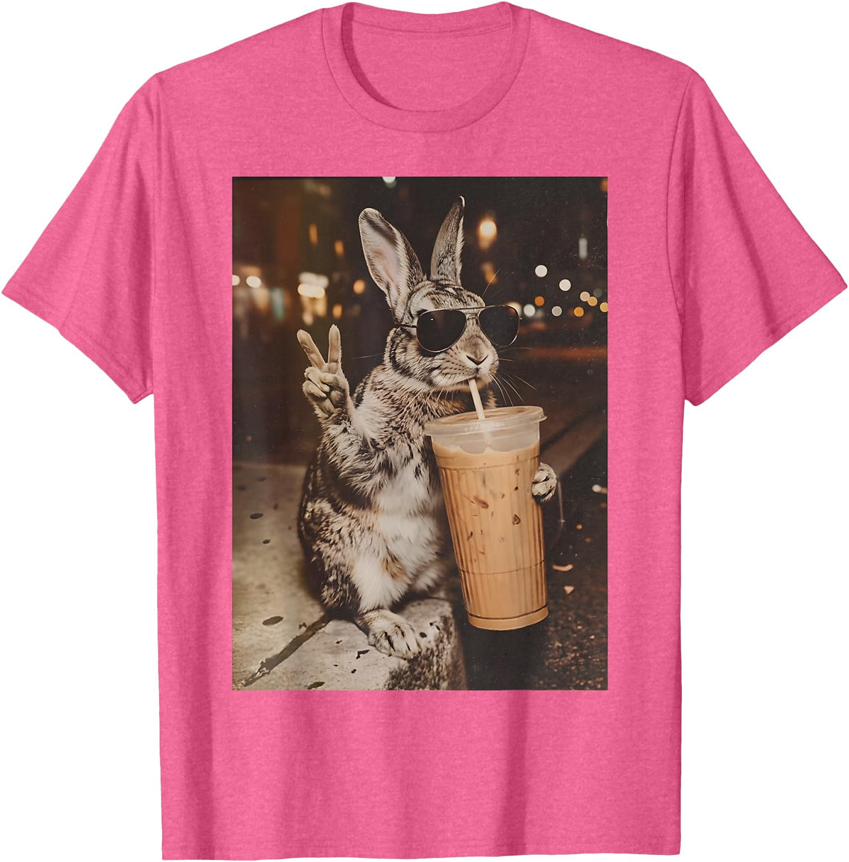 Rabbit Drinking Iced Coffee Funny Easter Bunny Men Women T-Shirt in Pink Heather