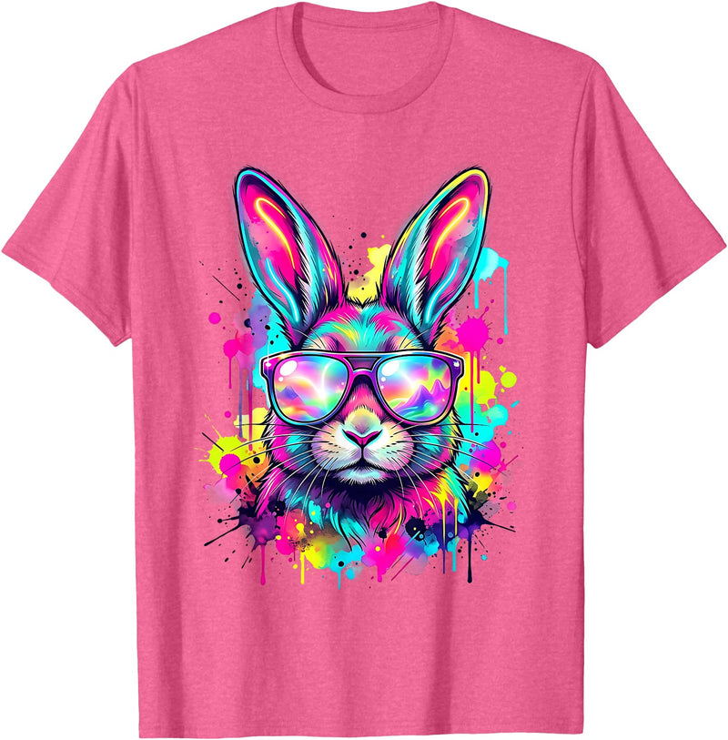 Happy Easter Bunny Face Tie Dye Bunny Rabbit with Glasses T-Shirt in Pink Heather