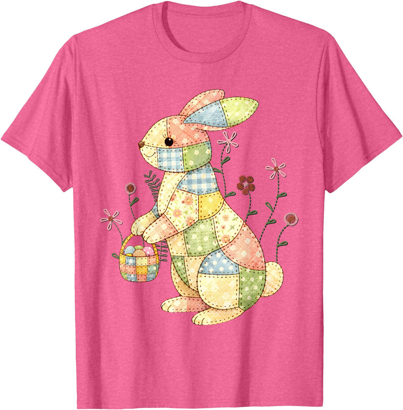 Patchwork Easter Bunny Rabbit Quilting Quilters Sewers T-Shirt in Pink Heather