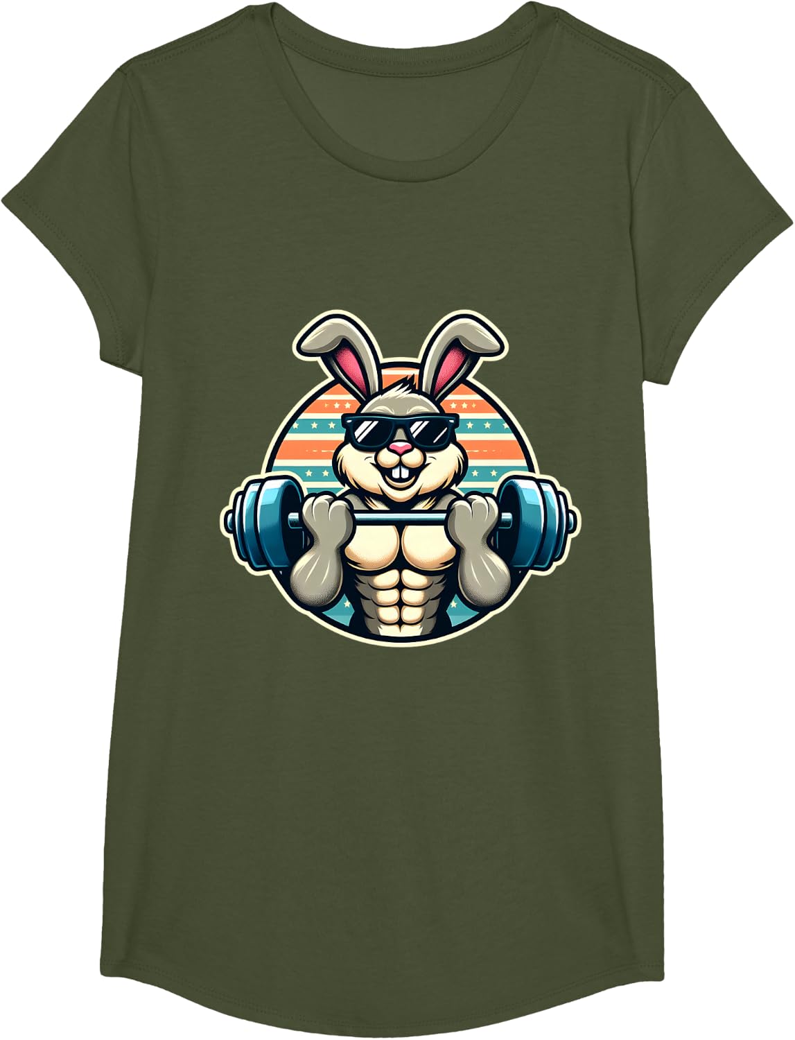 Happy Easter Bunny Rabbit Lifting Weights Training Muscular T-Shirt - Girls Olive Green