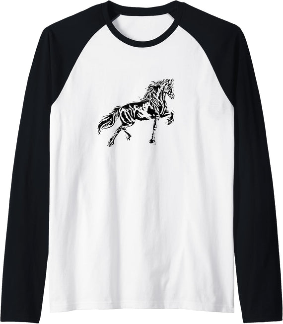 Horses Girls Women + Gift Kids Men Boys Horse Motif Raglan Baseball Tee - Black/White