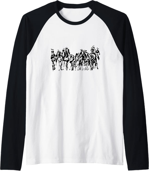 Horses + Girls Women Gift Kids Men Boys Horse Motif Raglan Baseball Tee - Black/White