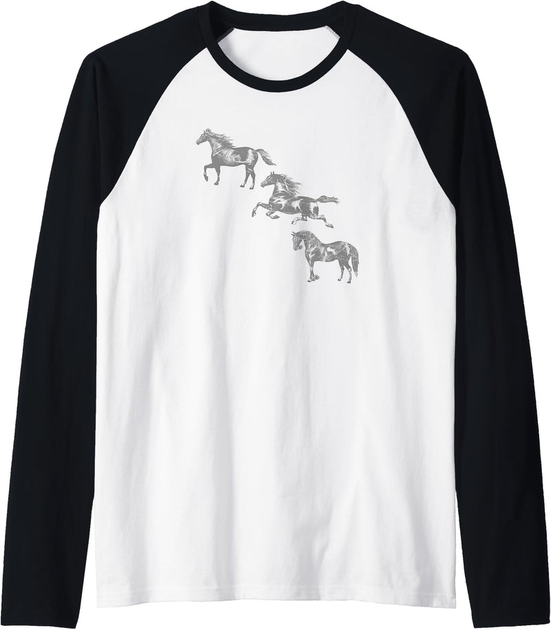 Trendy Apparel Trendy Classic Centered Horses Stacked Raglan Baseball Tee - Black/White