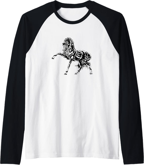 Horses Girls Women Gift + Kids Men Boys Horse Motif Raglan Baseball Tee - Black/White