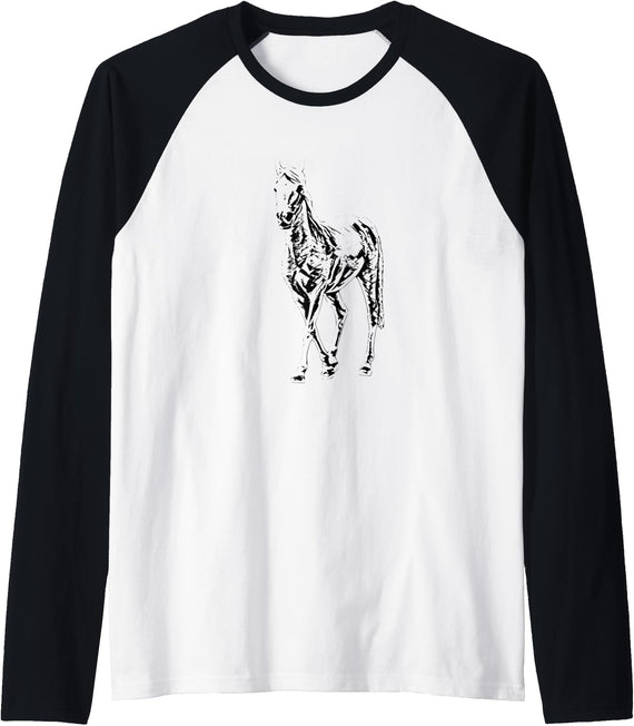 Horses Girls + Women Gift Kids Men Boys Horse Motif Raglan Baseball Tee - Black/White