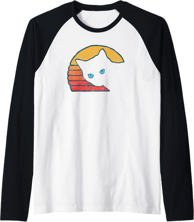 Pet Mom & Dad Retro Cat Tees Vintage Eighties Style White Cat Retro Distressed Raglan Baseball Tee