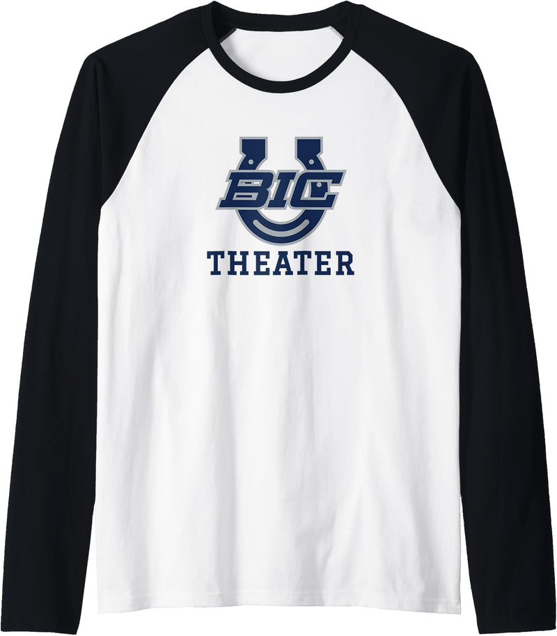 Buffalo Island, Monette, AR 72447 Buffalo Island Central High School Mustangs Theater Raglan Baseball Tee - Black/White
