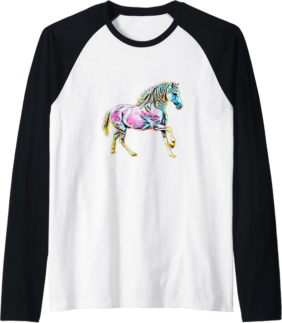 Horses Girls | Women Gift Kids Men Boys Horse Motif Raglan Baseball Tee - Black/White
