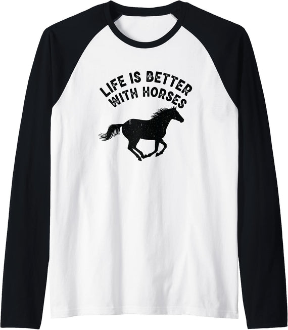 Life is Better with Horses Raglan Baseball Tee - Black/White