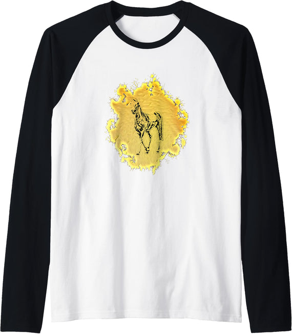 Horses Girls Women Gift Kids + Men Boys Horse Motif Raglan Baseball Tee - Black/White