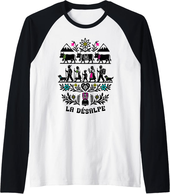 Simply Swiss La Désalpe Alpine Cow Herding Folk Art Tradition Raglan Baseball Tee - Black/White
