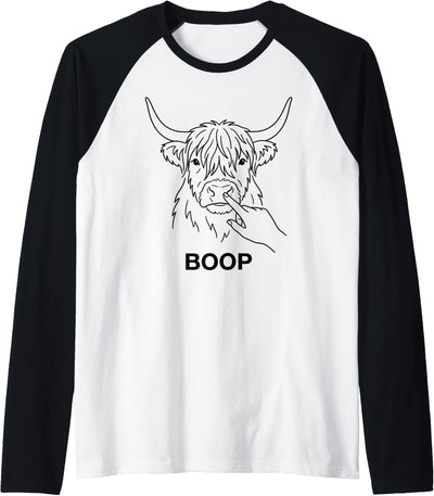 Boop Highland Cow Nose Poke Funny Farm Animal Line Raglan T-Shirt