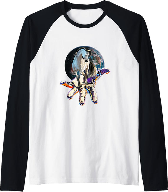 Horses Girls Women - Gift Kids Men Boys Horse Motif Raglan Baseball Tee - Black/White