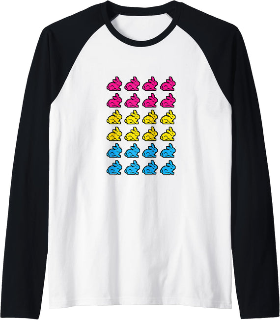 Bunny Rabbit Pixel Art LGBT Pansexual Flag Color Raglan Baseball Tee in Black/White