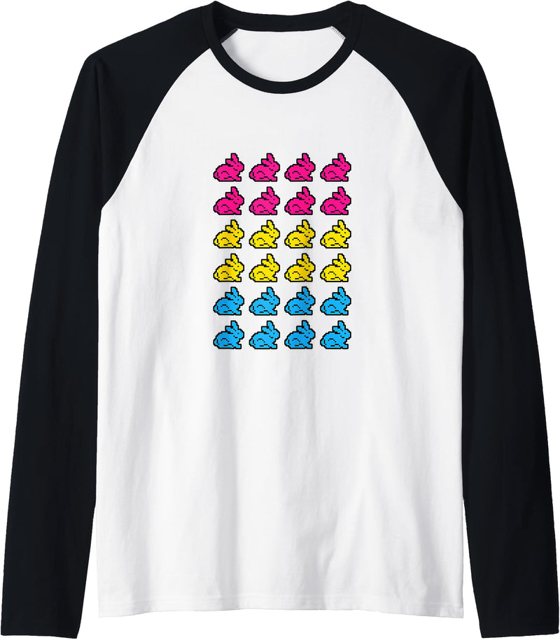 Bunny Rabbit Pixel Art LGBT Pansexual Flag Color Raglan Baseball Tee in Black/White