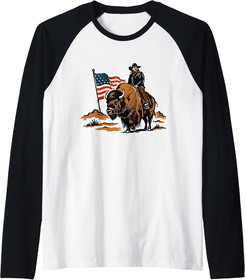 American Cowboy Bison Rodeo Patriotic 4th Of July Retro Western Cowboy Riding Buffalo 4th of July Rodeo Summer Raglan