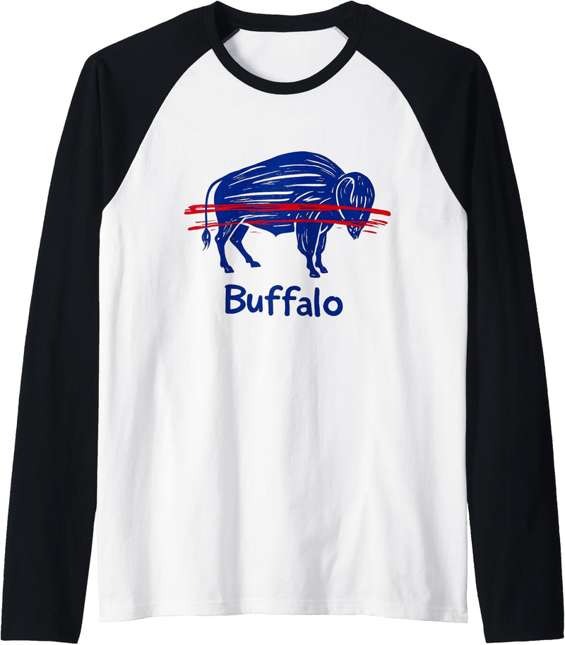 Buffalo Game-Day Designs Funny Drawing Buffalo Women Girls Kids Raglan Baseball Tee - Black/White