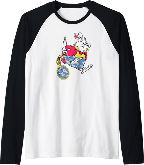 Alice in Wonderland - Late White Rabbit Raglan Baseball Tee in Black/White