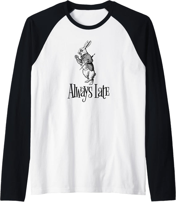 Always Late - White Rabbit Alice Wonderland Raglan Baseball Tee in Black/White