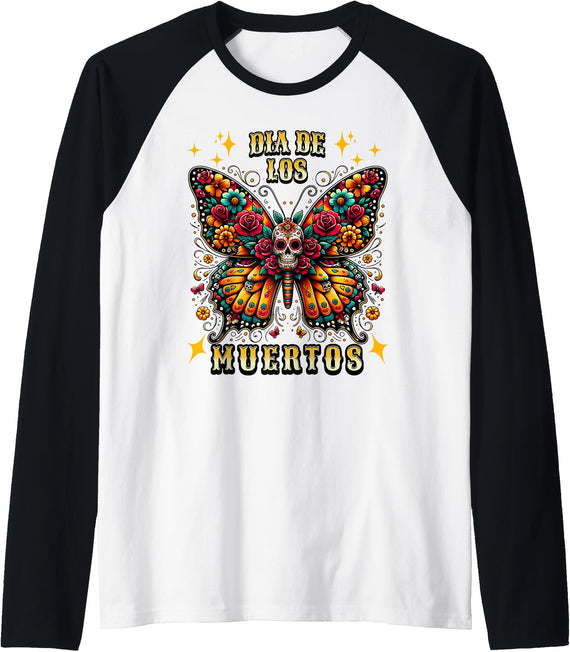Halloween Collection Dia De Los Muertos Monarch Butterfly Sugar Skull Halloween Raglan Baseball Tee - Black/White