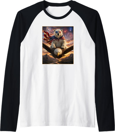 Polar Bear on Bald Eagle American Flag Glasses USA Raglan Baseball Tee