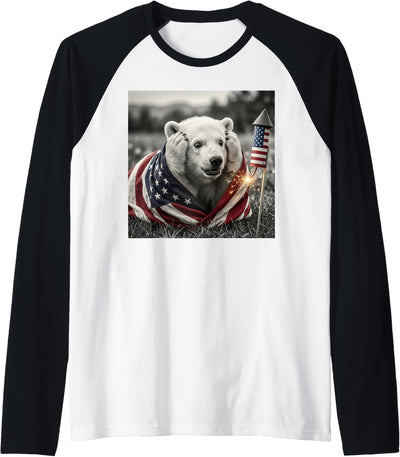 Funny Polar Bear American USA Flag 250 Years 4th of July Raglan Baseball Tee