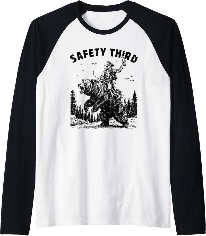 Cowboy Western Bear Tee Safety Third, Funny Guys, Grizzly Bear, Cowboy Western Raglan Baseball Tee - Black/White