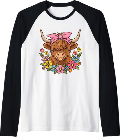 Highland Cow Funny Saying Bow Flowers Raglan Baseball T-Shirt