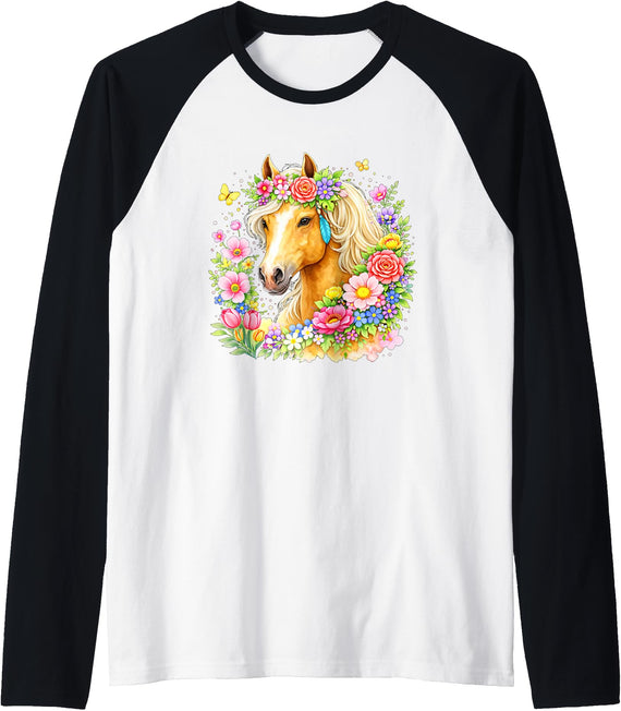equine designs55 Horse with Flowers Raglan Baseball Tee - Black/White