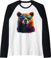 Colorful Forest Illustration Bear Art Nature Bear Wearing Sunglasses Wildlife Graphic Colorful Bear Raglan Baseball Tee - Black/White