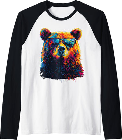 Bear Wearing Sunglasses Wildlife Graphic Colorful Bear Raglan Baseball Tee