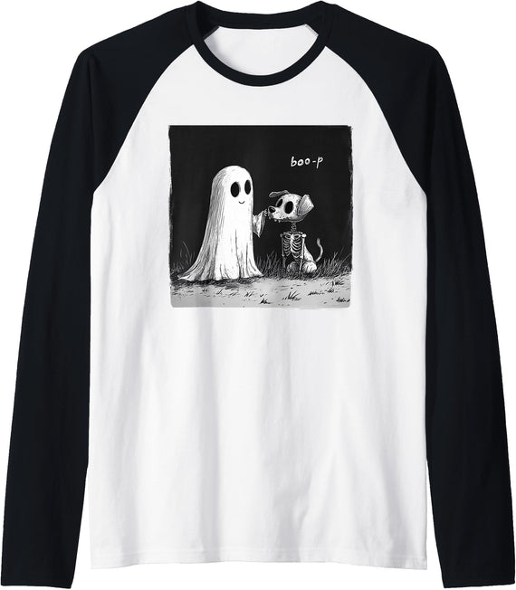 Cute Ghost Dog Skeleton Spooky Halloween Humor Boo-P Ghost Dog Skeleton Funny Cute Halloween Vintage Raglan Baseball Tee -